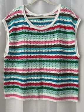 Talbots Crochet Knit Sweater Vest Pink/Teal/Green/White Striped Boho Grannycore